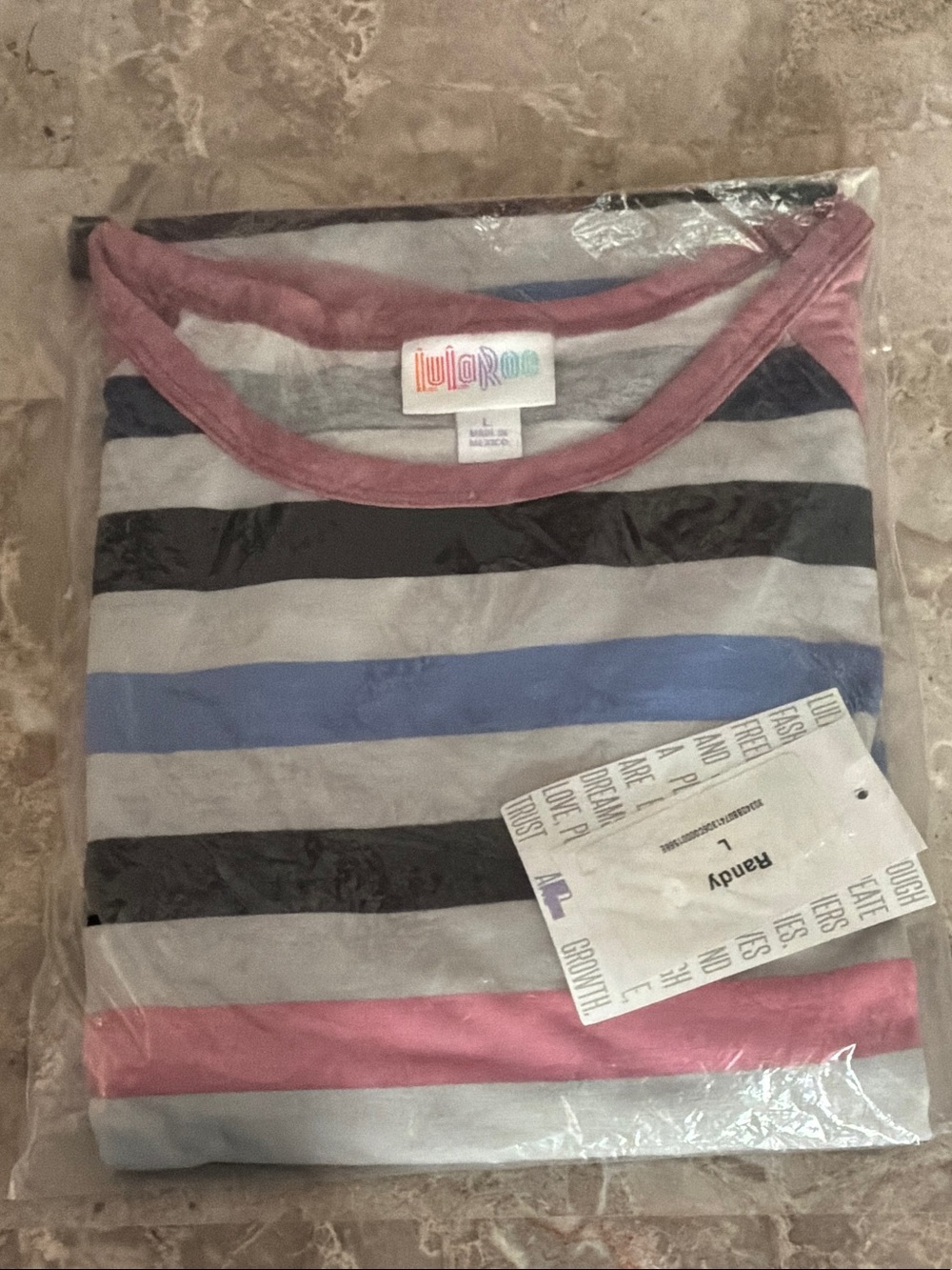 LuLaRoe Women’s Striped Crew Neck Shirt in Pink, Blue, Gray, and Black